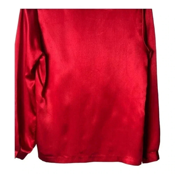 1376. VINTAGE 80’ SATIN POLY PUSSYBOW BLOUSE BY RRRRRUSS RED COLOR BUTTON DOWN - Picture 9 of 9